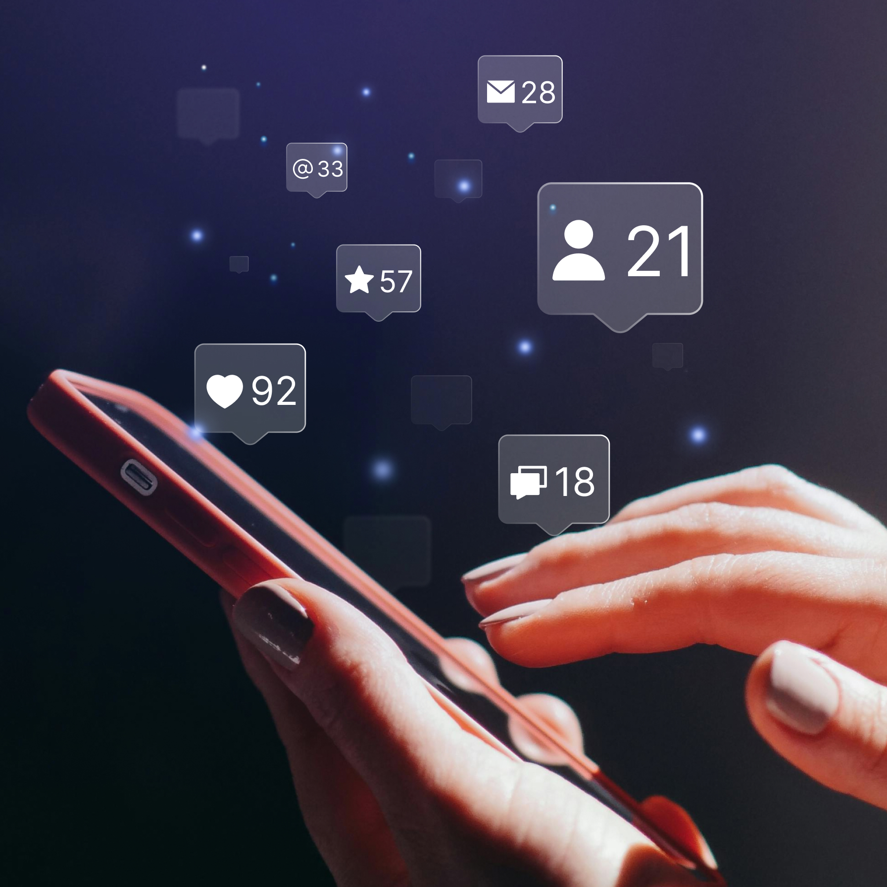 A smartphone screen displaying a social media interface with various reaction icons and numbers, representing an AI-powered group journal application.