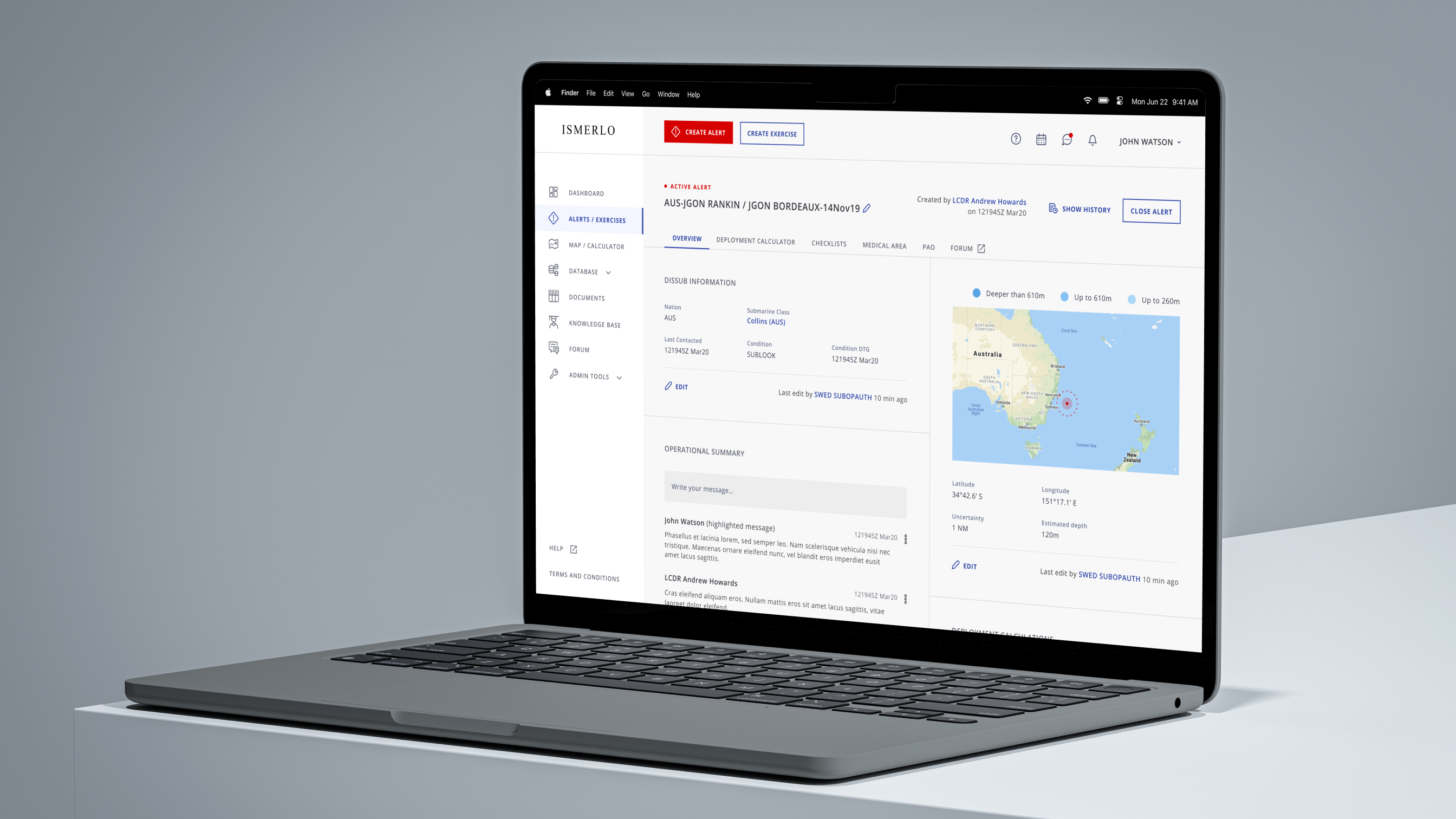 ISMERLO web app interface showing submarine alert details with a map and operational summary.